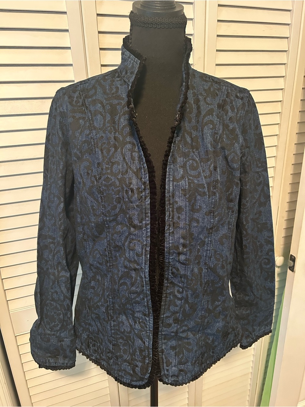 Womens Navy Blue Patterned Open Front Jacket